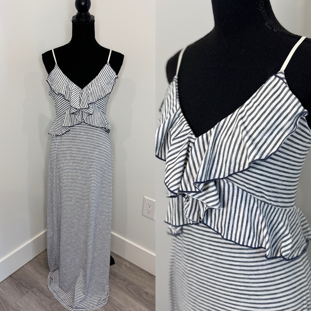 Max Studio Ruffle Detail Sleeveless White and Blue Stripe Maxi Dress